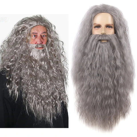 REEWES Grey Wig&Beard Set With moustache Christmas Santa Claus Costum Cosplay synthetic Wig For Halloween Costume XMAS Dress up