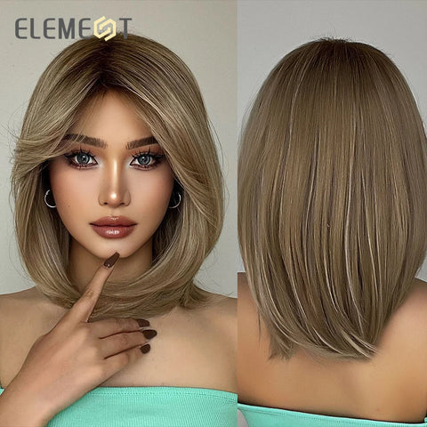 ELEMENT Synthetic Wig Medium Wavy Hair Brown Mixed Blonde Wigs for Women Daily Party Cool Heat Resistant Breathable Headband