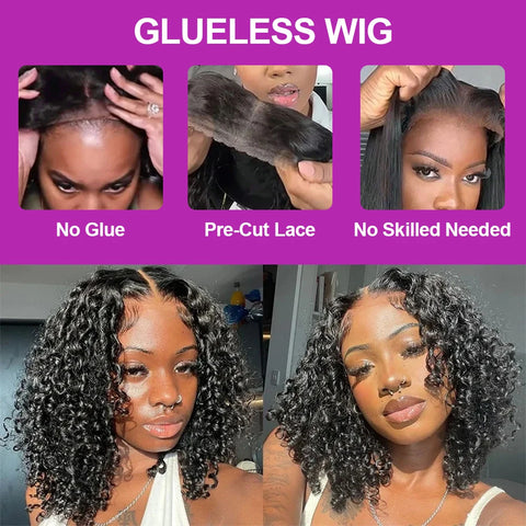 250% Short Curly Bob 13x6 Lace Frontal Wigs Deep Water Wave 7x5 Glueless Wig Brazilian 100% Human Hair Black For Women 14 Inch ﻿
