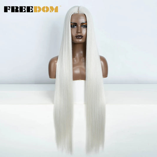 FREEDOM Straight Synthetic Lace Front Wig For Women 38 Inch Long Ombre Brown Red Blonde Hightlight Lace Frontal Wigs Cosplay Wig