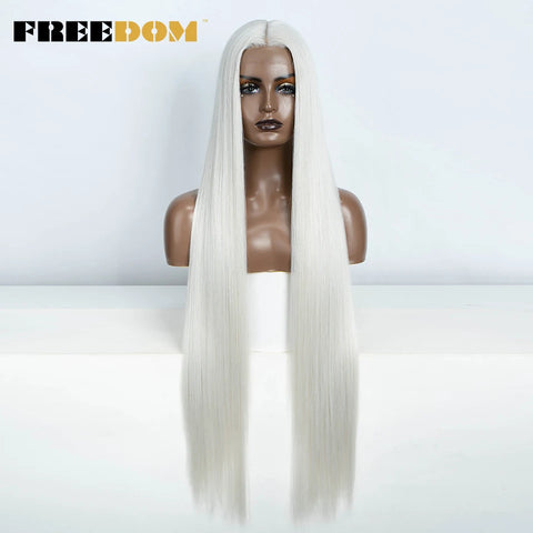FREEDOM Straight Synthetic Lace Front Wig For Women 38 Inch Long Ombre Brown Red Blonde Hightlight Lace Frontal Wigs Cosplay Wig