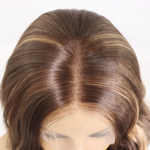 Brown Blonde Highlight Natural Wavy 13x3 Synthetic Lace Front Wigs for Women 26 Inch Long Body Wave Lace Frontal Wig Daily Use