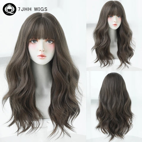 7JHH WIGS Honey Brown Wigs with Neat Bangs High Density Synthetic Loose Brown Hair Wig for Women Daily Use Beginner Friendly