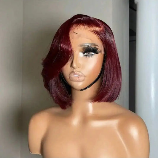 Burgundy 8-34 Inch 200% Straight Bob Wig 13x4 Transparent Lace Frontal Wig Human Hair 99J Red Colored Pre Plucked With Baby Hair