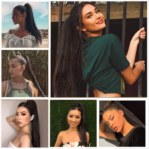 24Inch Synthetic Long Straight Claw Clip On Ponytail Hair Extensions Heat Resistant Ponytail Blonde Black Hairpiece for Women