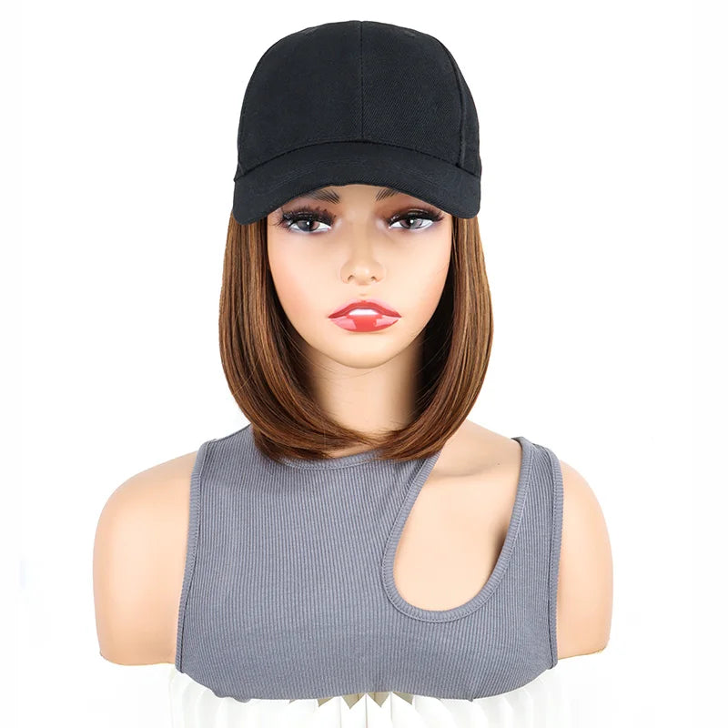 Synthetic Short Straight Bobo Hat Wigs Baseball Cap Adjustable Black Brown Hairpiece for Women