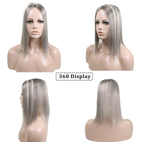 14Inch Grey Highlight Mono With PU Human Hair Toppers Hair Pieces For Women Hair Clips In Toppers Extensions For Women Toupee