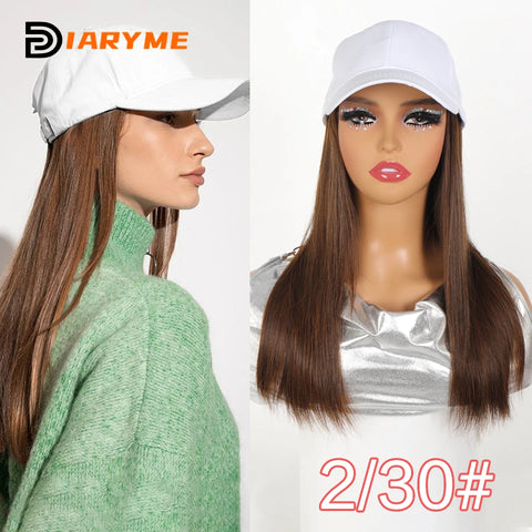 Baseball cap wig Synthetic Wigs With White Black Hat Long Straight Hair Wigs For Women connect Hat One Piece Wig Hat adjustable