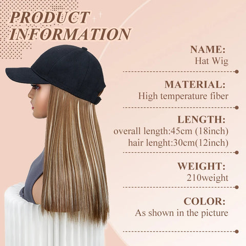 Synthetic Hat Wig with Long Straight Black Hair Baseball Cap Hair Extension Stylish & Convenient All-in-One Design for Women