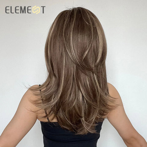 ELEMENT Synthetic Wig Medium Wavy Hair Brown Mixed Blonde Wigs for Women Daily Party Cool Heat Resistant Breathable Headband