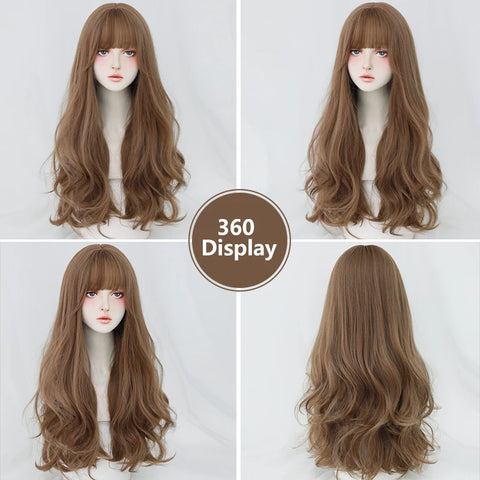 7JHH WIGS Honey Brown Wigs with Neat Bangs High Density Synthetic Loose Brown Hair Wig for Women Daily Use Beginner Friendly