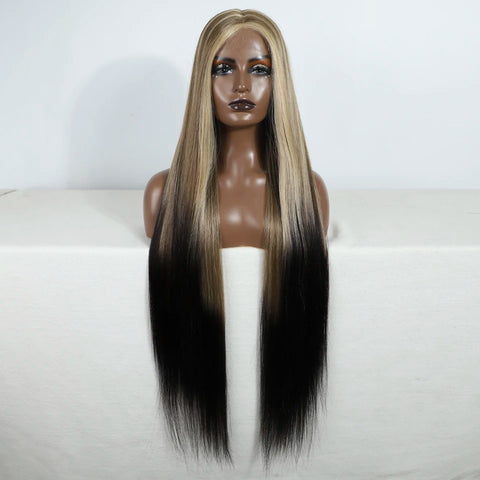FREEDOM Straight Synthetic Lace Front Wig For Women 38 Inch Long Ombre Brown Red Blonde Hightlight Lace Frontal Wigs Cosplay Wig