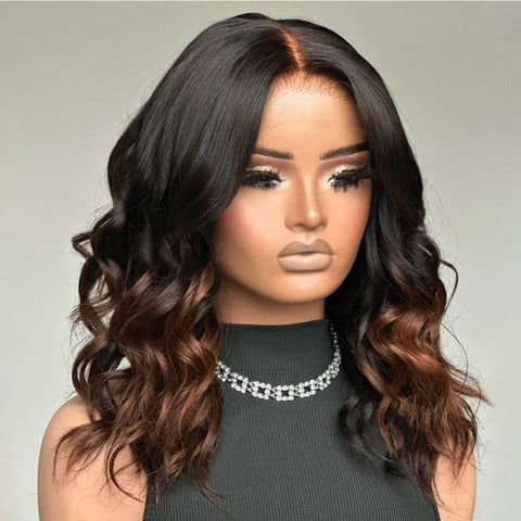 Ombre Brown Shoulder Length Human Hair Bob Wigs for Women Short Wavy 13x4 Lace Front Wig 16inch Pre Plucked Glueless Wig