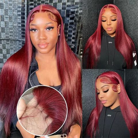 13x6 Glueless Burgundy 99J Lace Front Wig Pre Plucked Brazilian Bleached Red Colored Straight Lace Frontal Wig 100% Human Hair