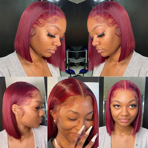 99J Burgundy colour Bob Wig Glueless 13x4 Lace Frontal Bob Wigs 100% Brazilian Human Hair Straight Short Wine Red wig of Women