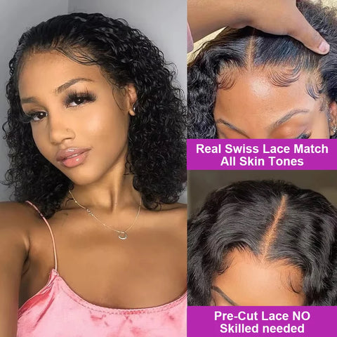 Glueless Deep Wave Bob Wig Brazilian Human Hair 13x6 Pre Cut HD Lace Front Wig Wear Go Curly Short Bob Wigs For Black Women
