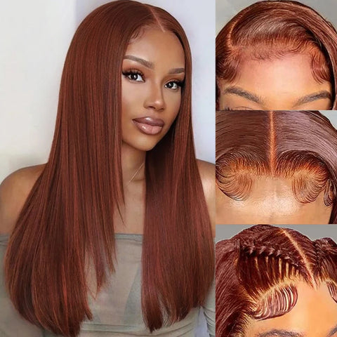 Reddish Brown Straight Layered Lace Front Wigs For Women Copper Red Pre Plucked Lace Frontal Wig Layers Glueless Synthetic Wig