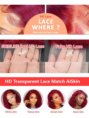 250 Density 13x4 Curly 99J Burgundy Lace Front Wig Red Wine Colored 30 40 Inch Deep Wave 13x6 HD Lace Frontal Human Hair Wigs
