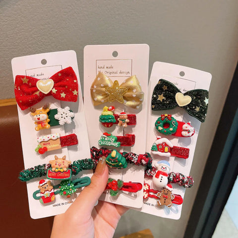 5/10 Pcs Children's Christmas Hair Accessories Set Heart Santa Claus Hair Clips & Gold Hair Bands Cute Buckles Tweezers For Girl