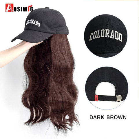 Long Wavy Synthetic Wig Baseball Rice White Cap With Hair Extensions Hat Wigs Natural Black Connect Wig Adjustable For Women