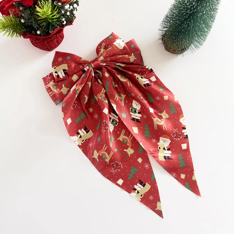 1PC Christmas Bow Hair Accessories Set, Festive Satin Snowflake/Santa Print Hair Bows,Red Green Holiday Hair Decor,Elegant Xmas