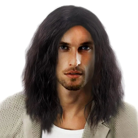 Brown synthetic wig - men's shoulder-length medium-length wavy hair fashionable high-temperature hairpiece