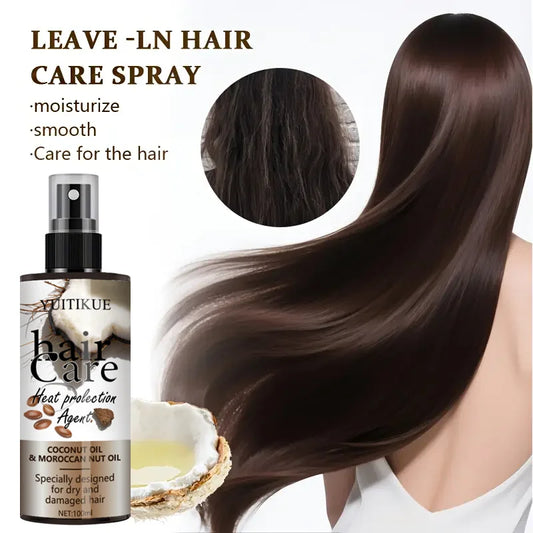 YUITIKUE Leave-In Heat Protectant Spray w/ Coconut & Moroccan Oil - Moisturize & Smooth Dry Damaged Hair, Easy Press Nozzle