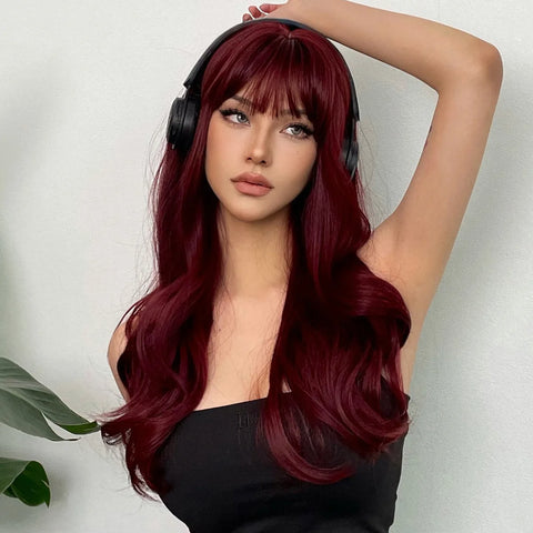 New wine red synthetic wig with bangs big waves long curly hair daily holiday wig high temperature silk full head cover