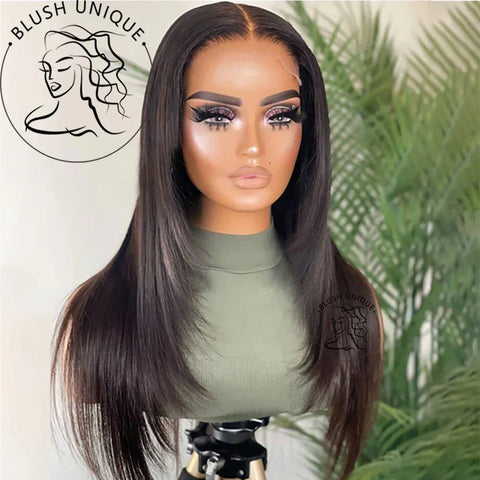 Chocolate Brown with Blonde Layered Straight Lace Front Wig Highlight Skunk Stripe Layered Cut Lace Wigs Synthetic Glueless Wig