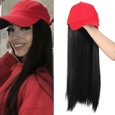 Baseball Cap with Hair Extensions Synthetic 22inch Straight Hairstyle Adjustable Wig Hat Attached Hairpiece for Woman Girl