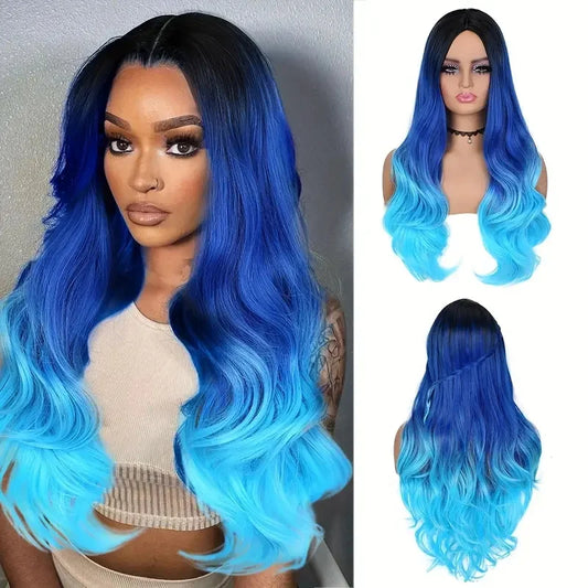 30Inch Long  wave wig Synthetic Hair Wig Black Blue Purple Gradient For Women  For Halloween Daily Cosplay Party wig