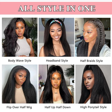 250 Density Kinky Straight Half Wigs Human Hair Wig Human Hair Ready to Wear 3 IN 1 Half Wig Drawstring Yaki Half Wig Human Hair