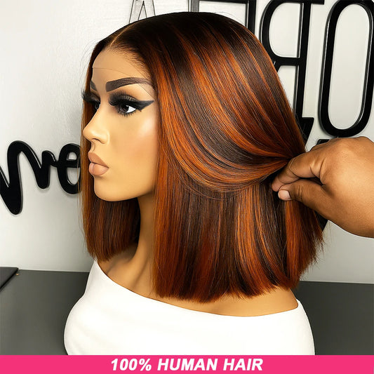 #4/350 Highlight Ginger Brown Short Bob Wig Human Hair Straight 13x4 HD Transparent Lace Frontal Wig Colored 5x5 Glueless Wig