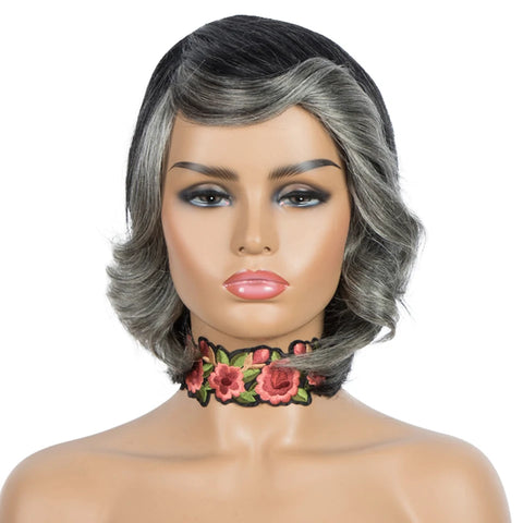 Lekker Highlight Silver Grey Short Wavy Bob 100% Human Hair Wigs For Women Brazilian Remy Hair Salt Pepper Full Machine Made