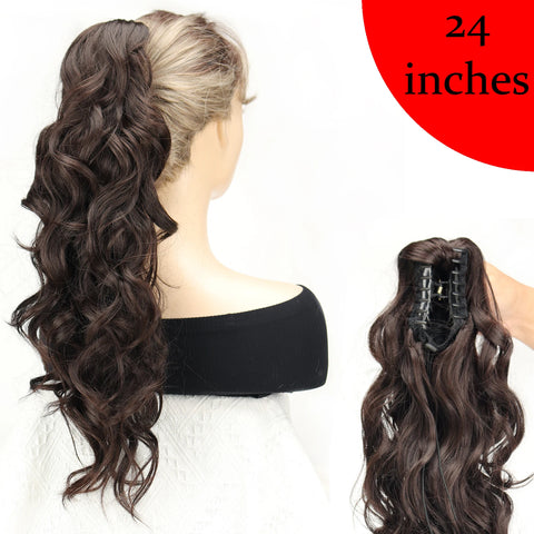 Synthetic Claw Clip Ponytail 18Inch Long Wavy Black Brown Heat Resistant Type Layered Horse Tail  Hair Extension
