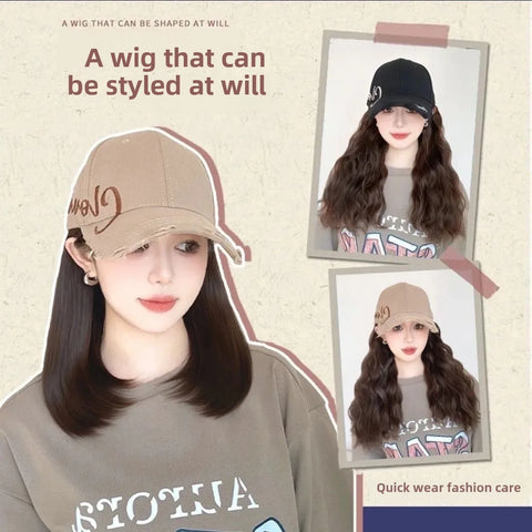 Korean Style Hat Wig Integrated Romantic Casual Face Slimming Long Curling Natural Comfortable Hair for Women