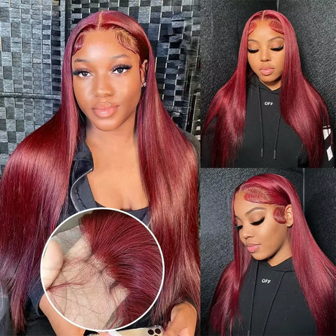 13x6 Red Straight HD Lace Front Wig Pre-Plucked Glueless Long Straight 99j Burgundy Synthetic Lace Front Wigs For Black Women