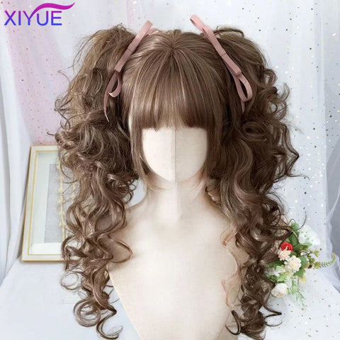 Synthetic Princess Cut Double ponytail Lolita Wig with Bangs Girl Ombre Blonde brown White gray Cosplay Halloween Harajuku wig