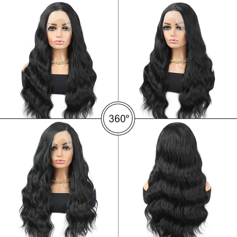 13×4 Transparent Lace Wig Long Ocean Wave Black Synthetic Lace Wig for Women Natural Hairline Heat Resistant wigs