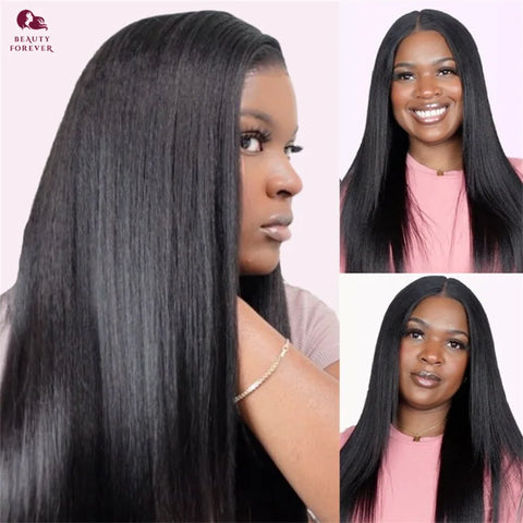 Beauty Forever New Drawstring Yaki Straight Glueless Wig Bye Bye Knots Wear and Go Yaki Straight Lace Front Human Hair Wig