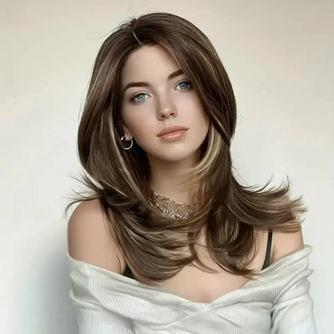 Glamorous Brown with gold highlights Wavy wig - heat-resistant synthetic wig for Halloween parties,Christmas Festival Wedding