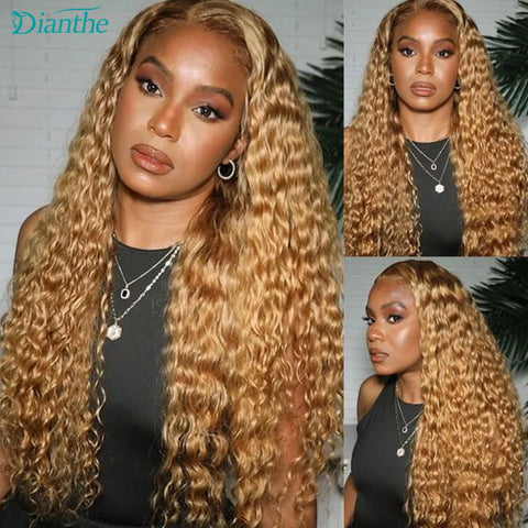 Brazilian Human Hair Wig 4x4 Transparent Lace Closure Honey Blonde Curly Pre Plucked Wigs for Women  Hair Extension 180% Density