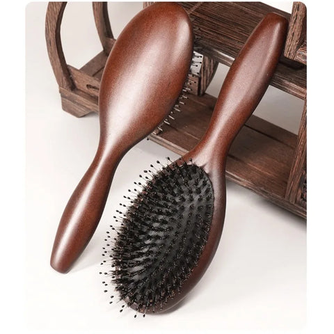 Wood Comb Boar Bristle Cushion Brush Massage Anti Static Nylon Pins Hair Hairbrush Dry Wet Detangler for Scalp Care Hair Growt