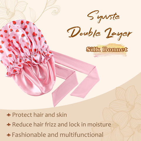 1 Set Silk Bonnet for Sleeping Women, Printing Satin Hair Shower Cap Tie Band Adjustable Straps Head Wrap for Curly Hair