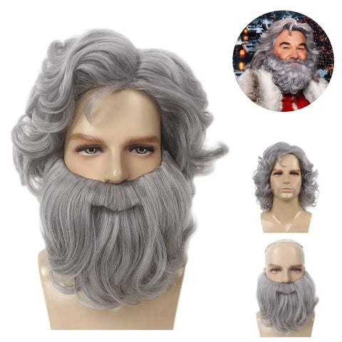 REEWES Grey Wig&Beard Set With moustache Christmas Santa Claus Costum Cosplay synthetic Wig For Halloween Costume XMAS Dress up