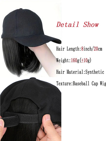 Hat Wigs Synthetic Short Bob Straight Wig With Black Baseball Cap Adjustable Hat Wigs Straight Hair Extensions For Women Fashion
