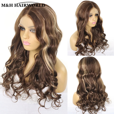 Brown Blonde Highlight Natural Wavy 13x3 Synthetic Lace Front Wigs for Women 26 Inch Long Body Wave Lace Frontal Wig Daily Use