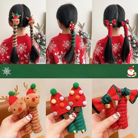 2PCS Hair Ropes Christmas Headwear for Girl Cartoon Elk Deer Tree Kid Cute Party Headband Children Hair Accessory New Year Gift