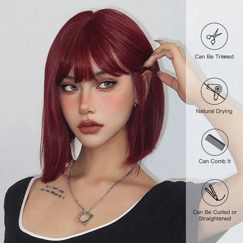 Short Bob Burgundy Straight Synthetic Wig with Bangs Wine Red Fake Hair for Cosplay Women Party Daily Use Heat Resistant Wigs