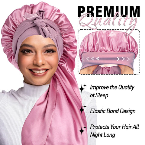 Extra Large Hair Long Silk Bonnet Cap With Elastic Satin Hair Band Comfortable Head Cover Night Sleep Hat For Sleeping Shower
